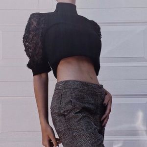Embroidered Mesh Sleeve Mock Neck Sweater